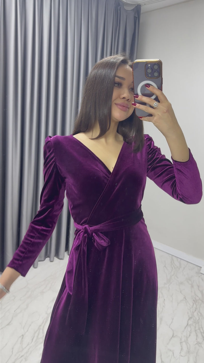 Plum Midi Length Velvet Dress