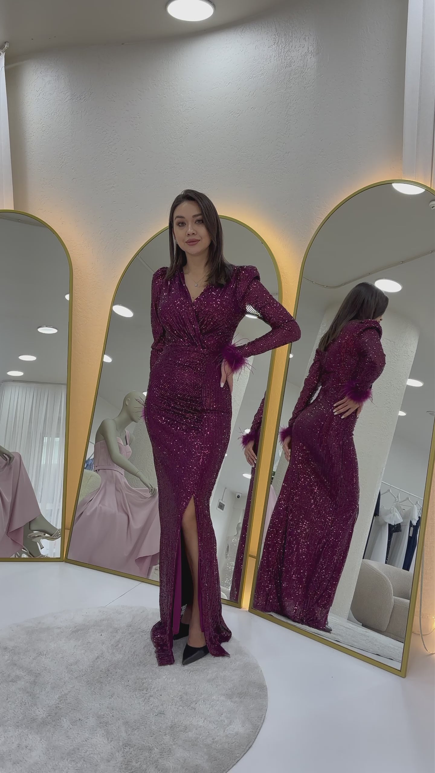 Women's Purple Wrap Neck Sequin Long Plus Size Evening Gown