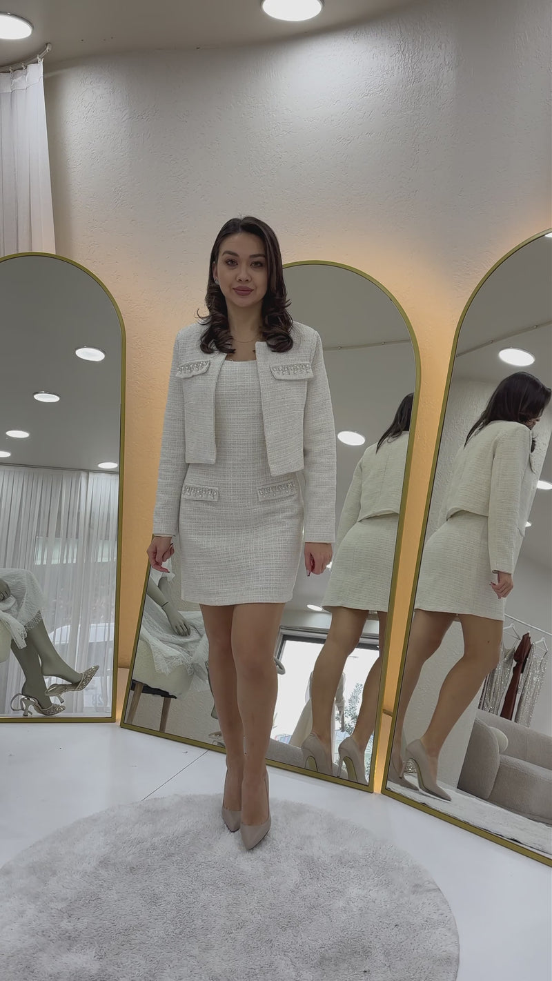 Women's Ecru Crystal Embellished Jacket Dress Tweed Two-Piece Set