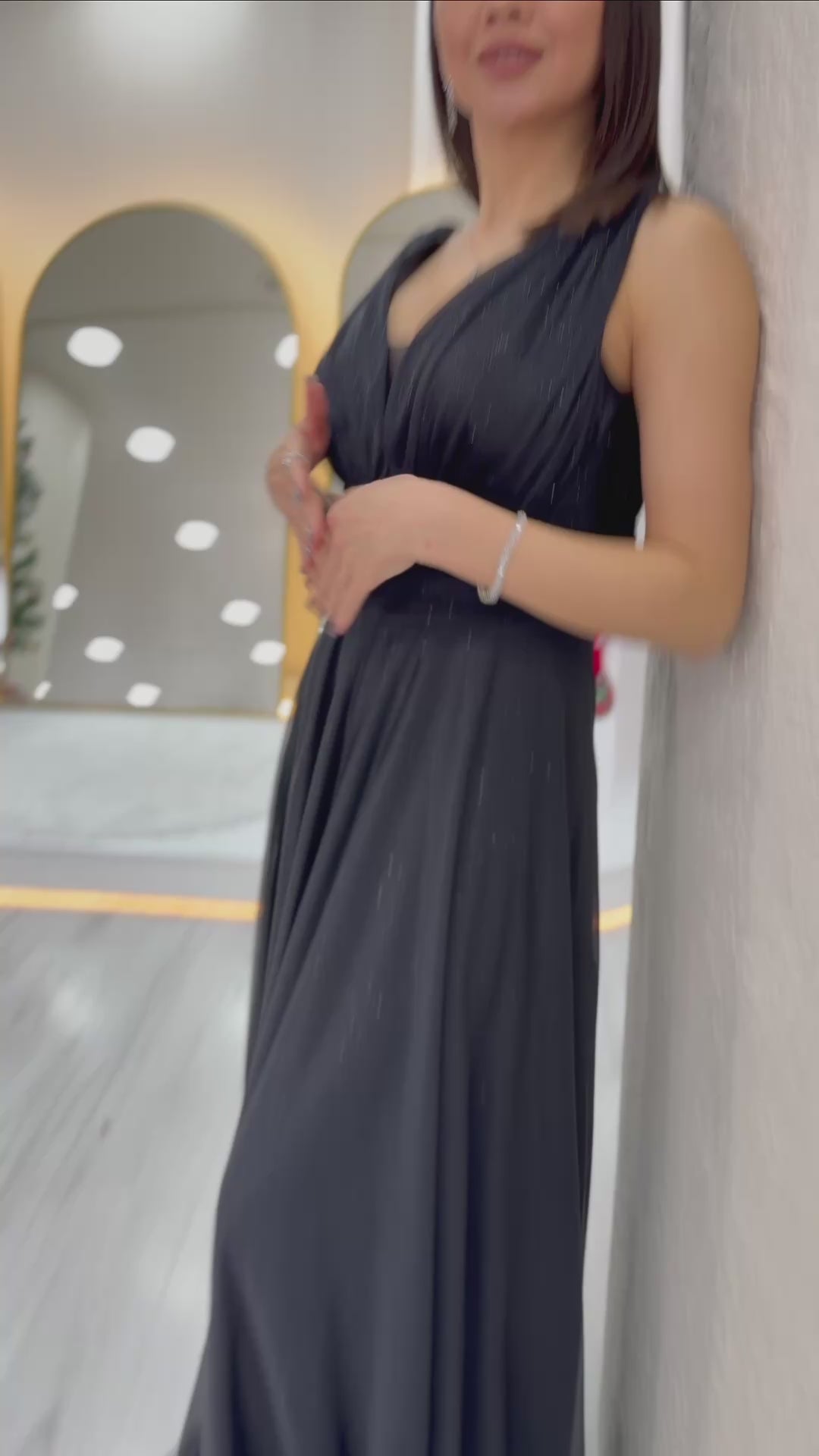 Women's Black Sleeveless Sheer Detail Evening Gown