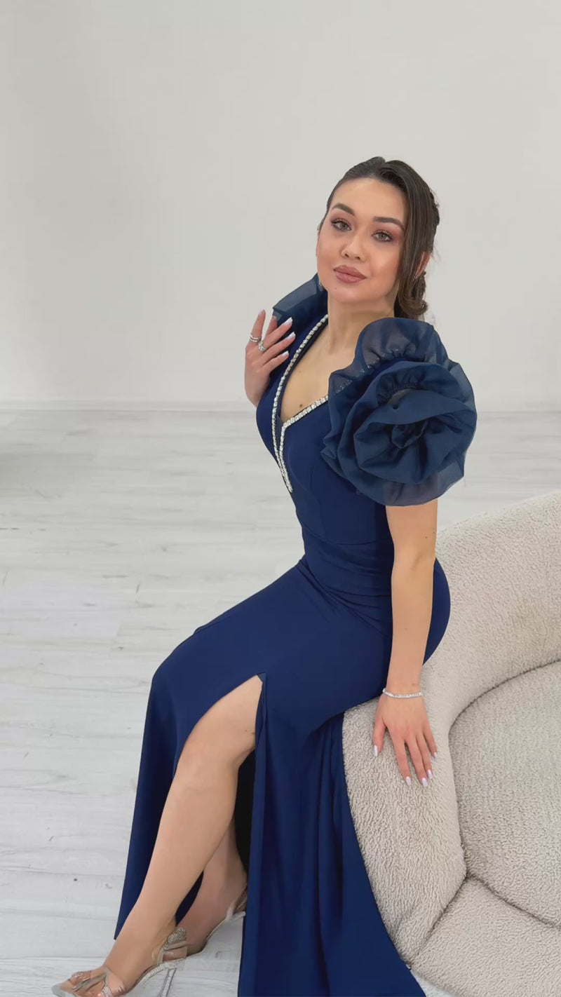 Red Shoulder Rose Detail V-Neck Stone Embroidered Slit Evening Dress