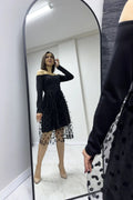 Black Carmen Collar Polka Dot Tulle Skirt Dress