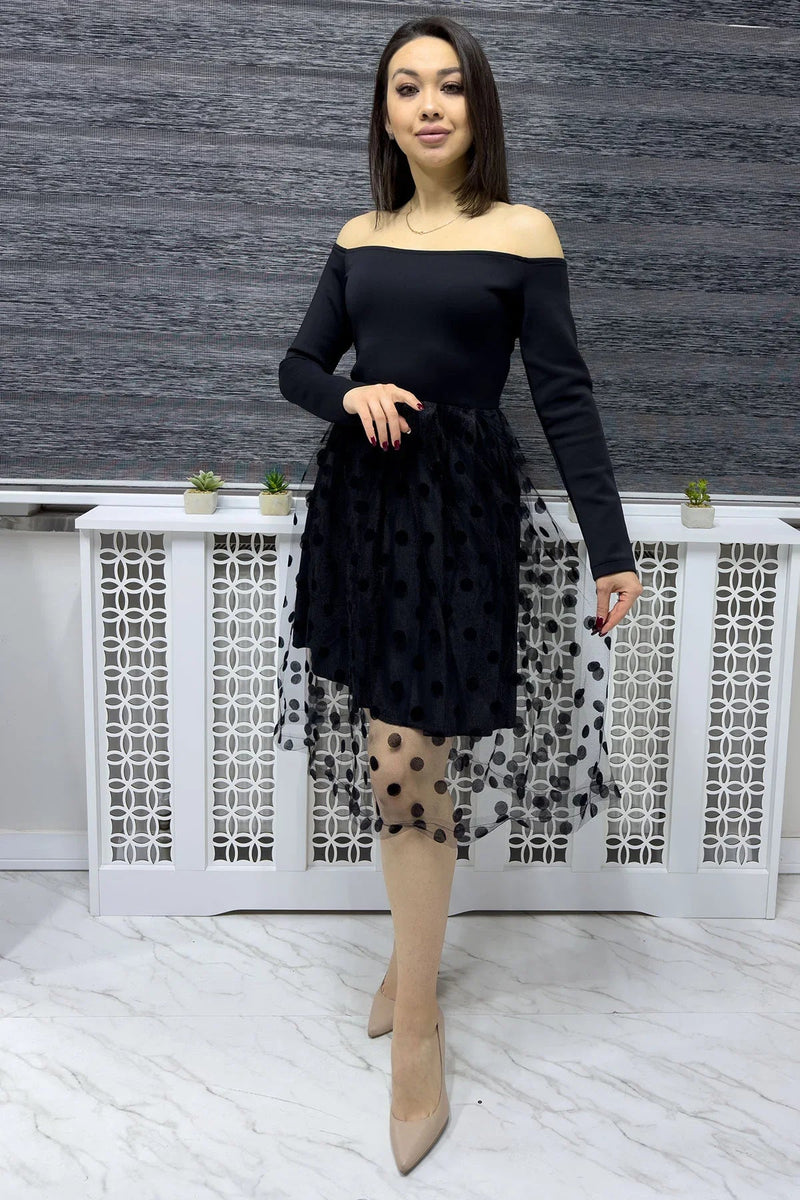 Women's Black Carmen Neck Puantiyeli Tütü Skirt Dress