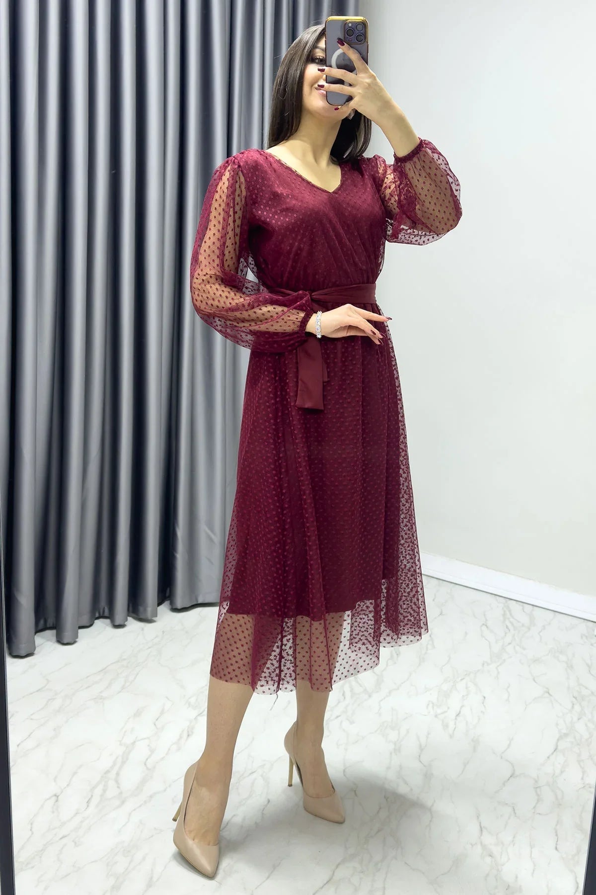 Women's Burgundy Puantiyeli Belted V-Neck Flared Dress
