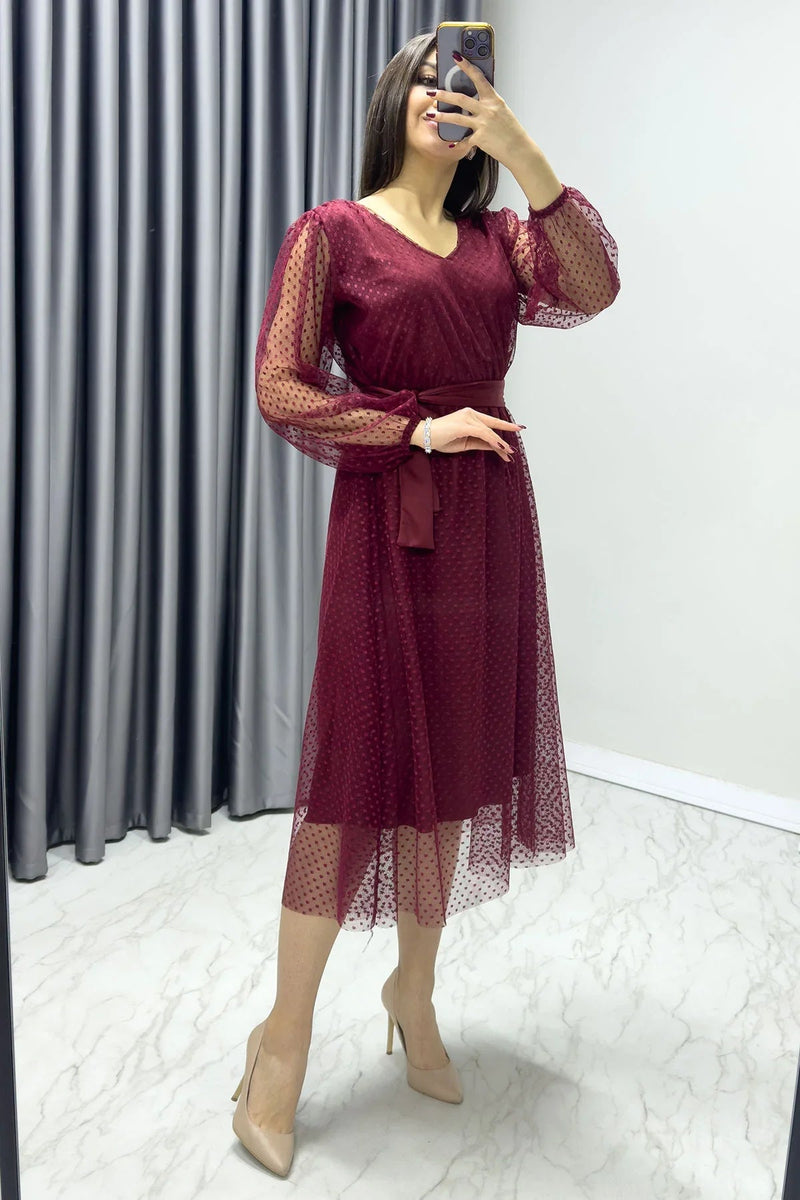 Women's Burgundy Puantiyeli Belted V-Neck Flared Dress