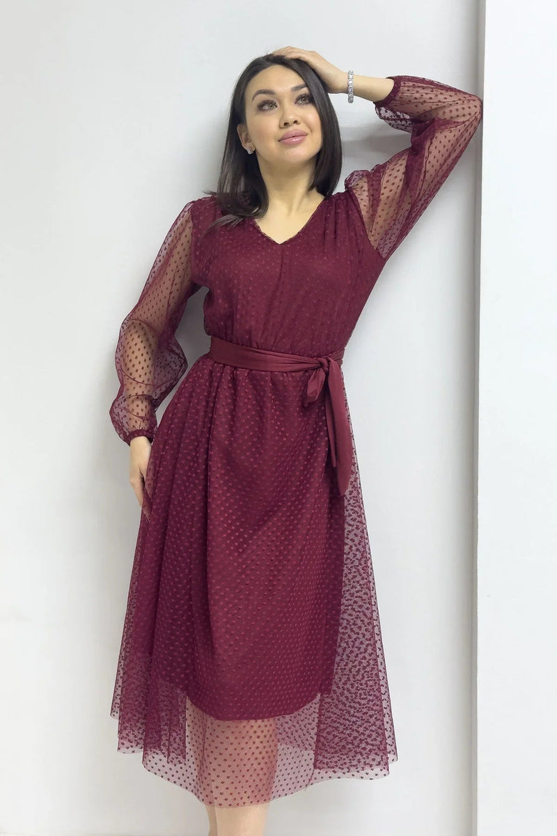 Women's Burgundy Puantiyeli Belted V-Neck Flared Dress