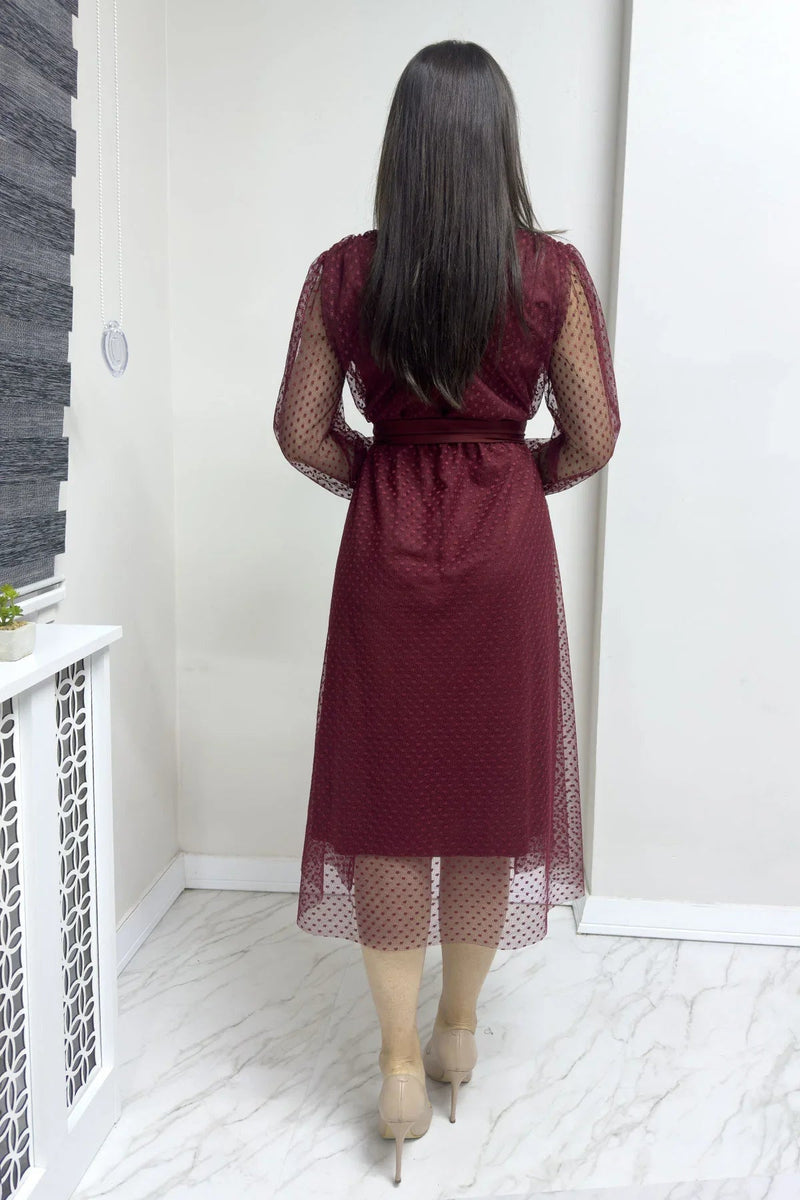 Women's Burgundy Puantiyeli Belted V-Neck Flared Dress