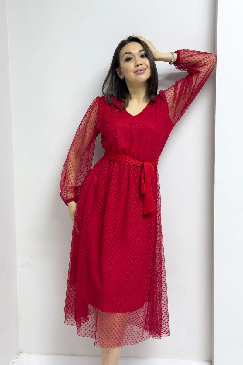 Women's Red Puantiyeli Belted V-Neck Flared Dress