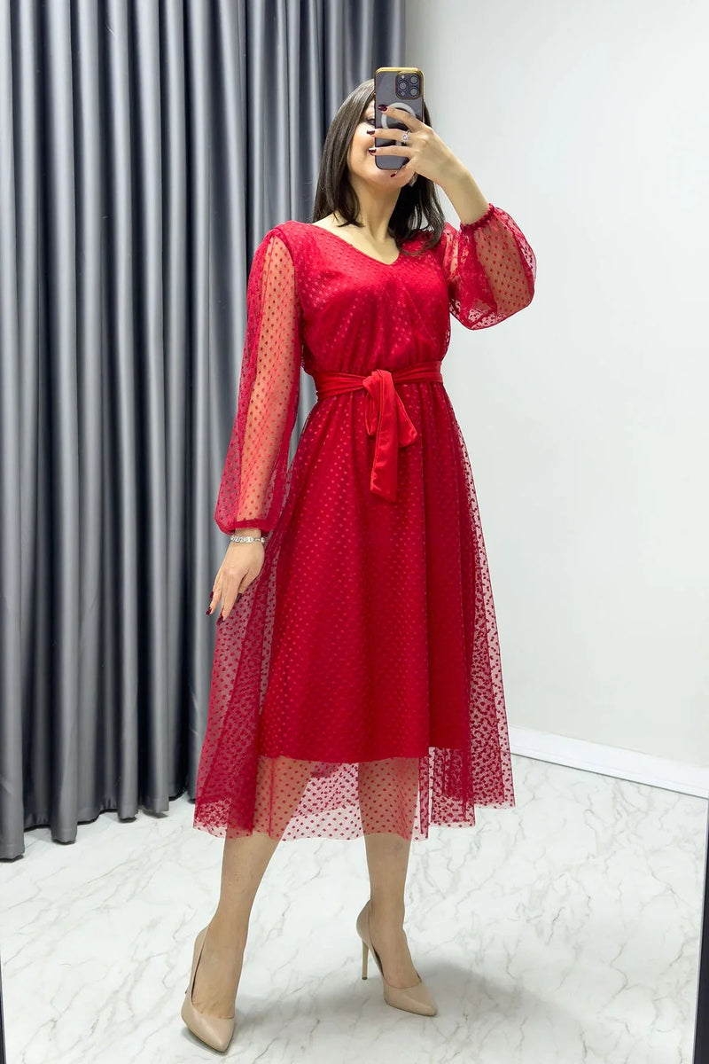 Women's Red Puantiyeli Belted V-Neck Flared Dress