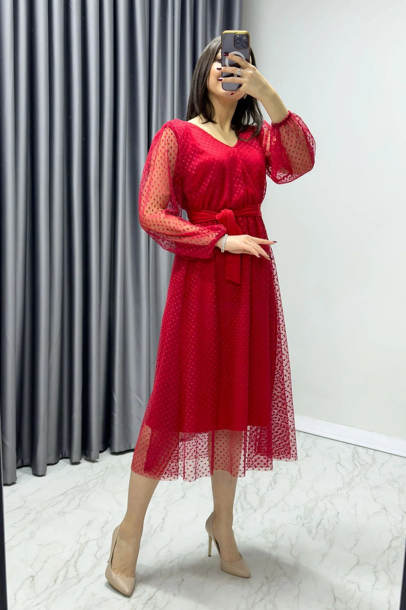 Women's Red Puantiyeli Belted V-Neck Flared Dress