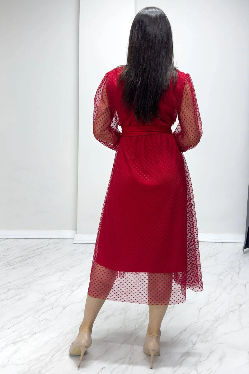 Women's Red Puantiyeli Belted V-Neck Flared Dress