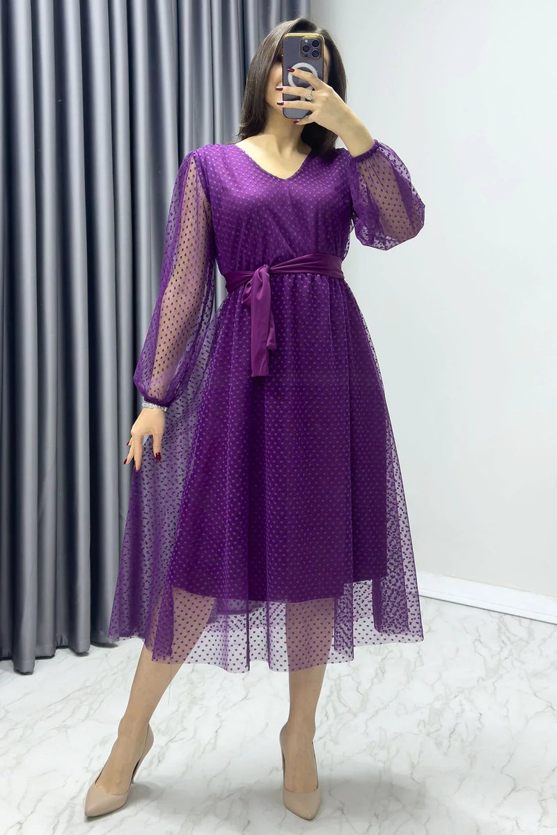 Women's Purple Puantiyeli Belted V-Neck Flared Dress