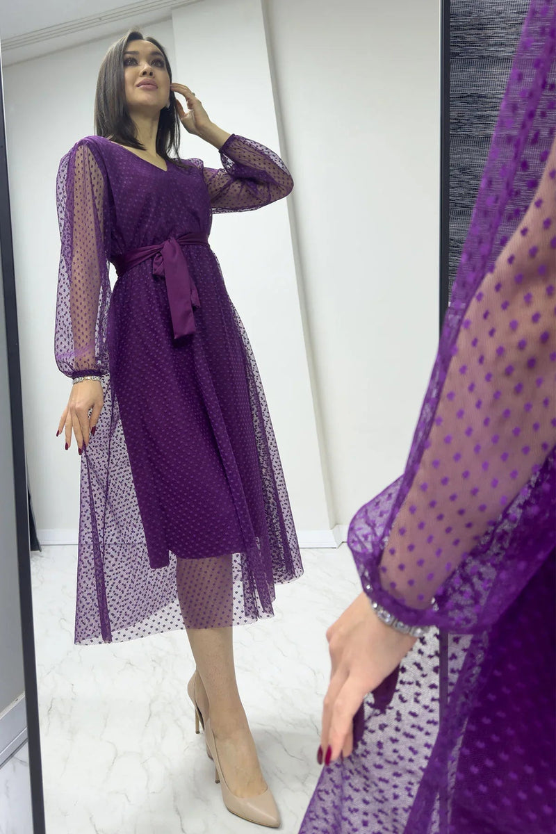 Women's Purple Puantiyeli Belted V-Neck Flared Dress