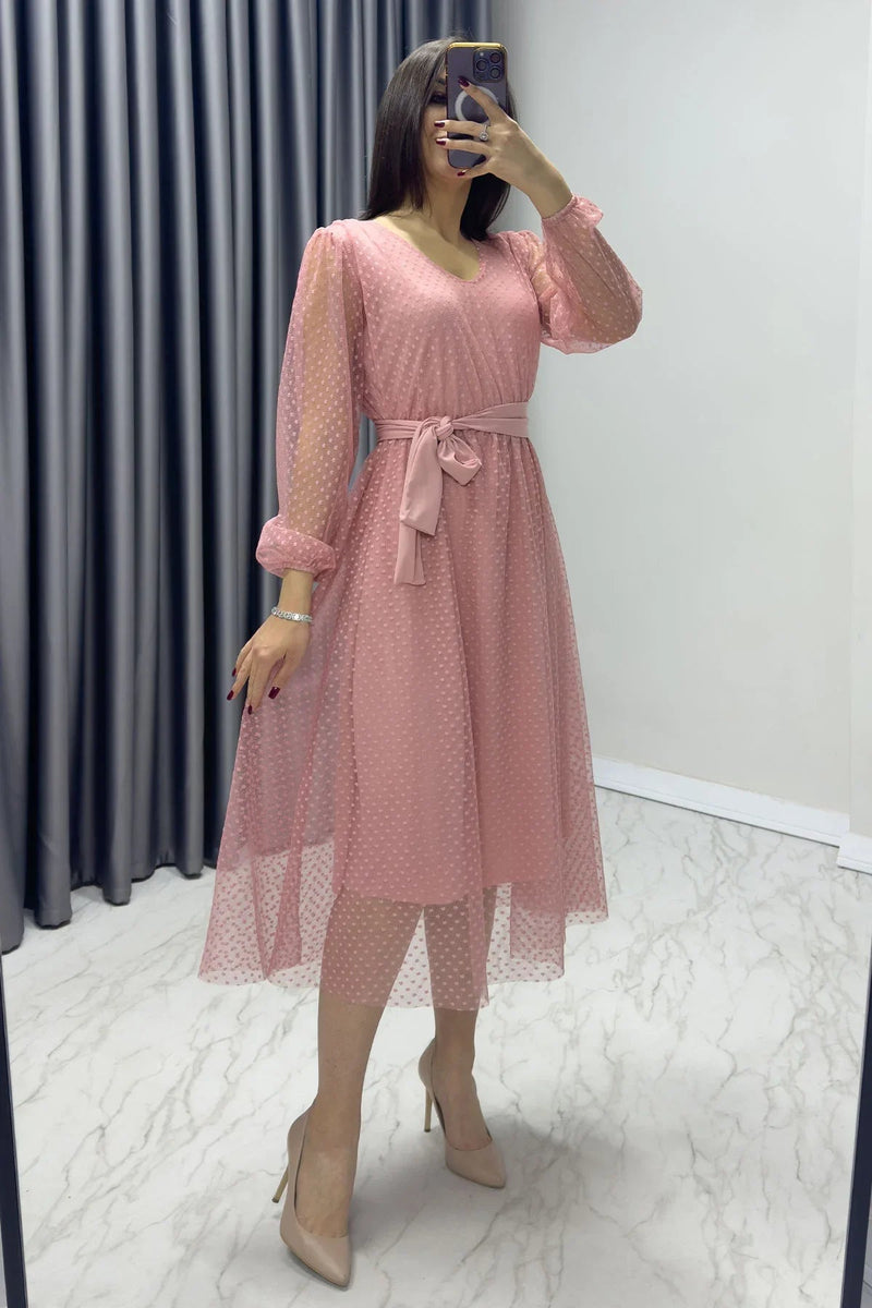 Women's Pink Puantiyeli Belted V-Neck Flared Dress
