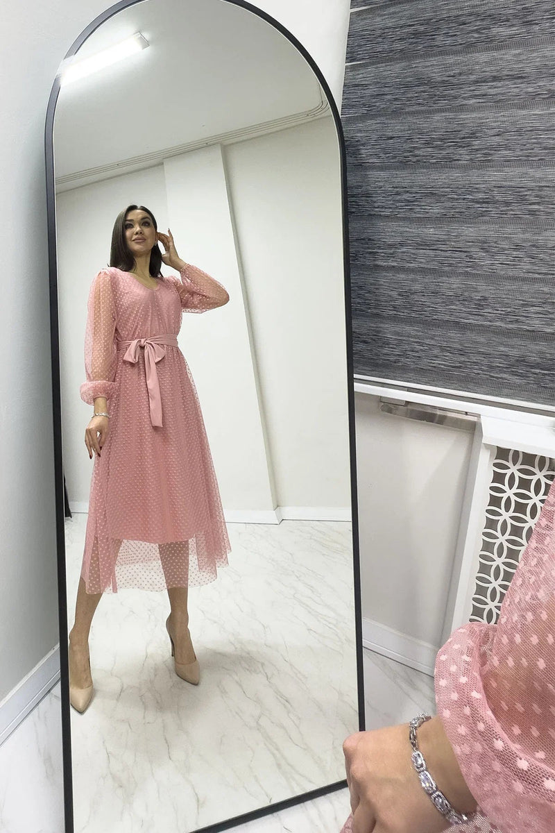 Women's Pink Puantiyeli Belted V-Neck Flared Dress