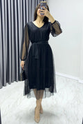 Black Polka Dot Belted V-Neck A-Line Dress