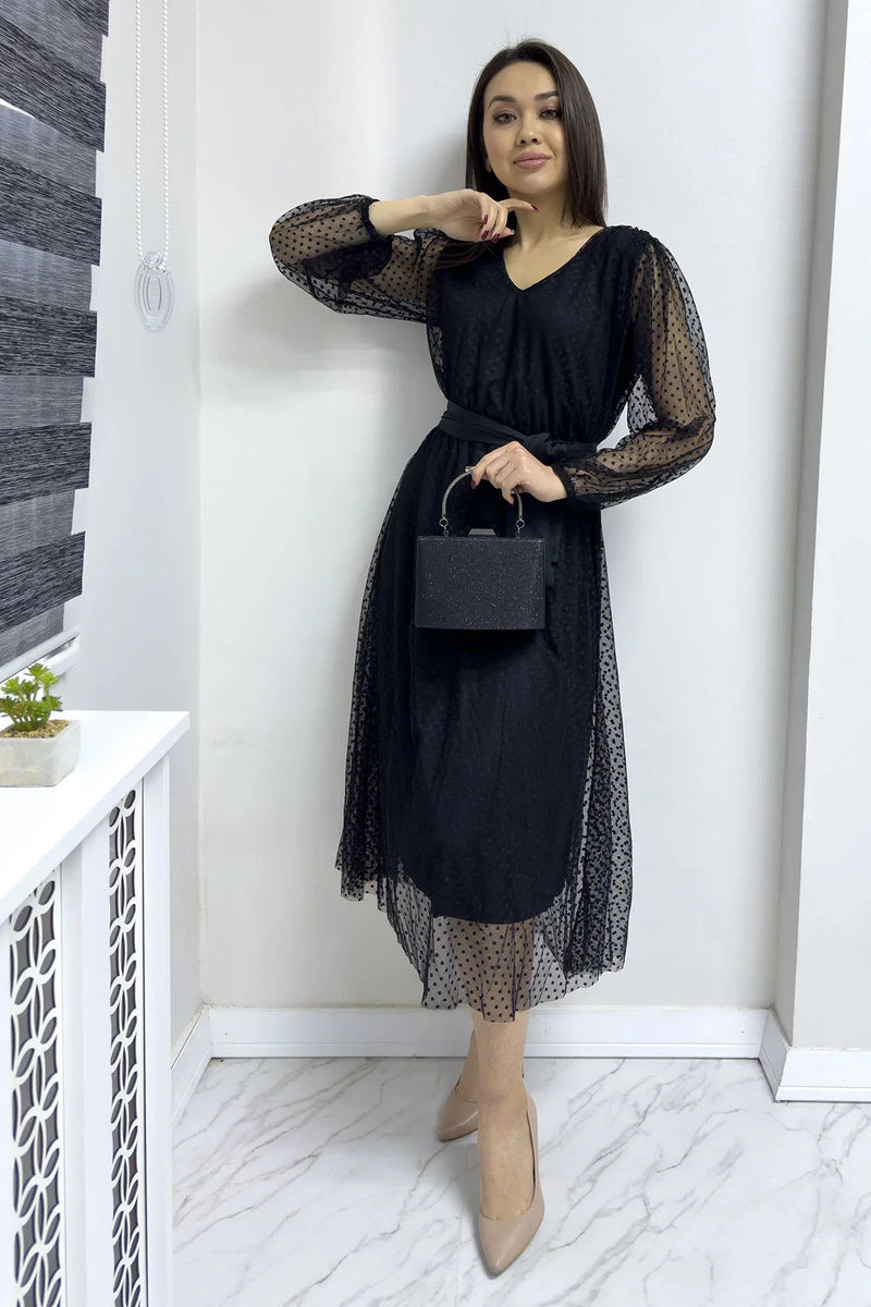 Women's Black Puantiyeli Belted V-Neck Flared Dress