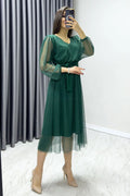 Emerald Green Polka Dot Midi Tulle Dress