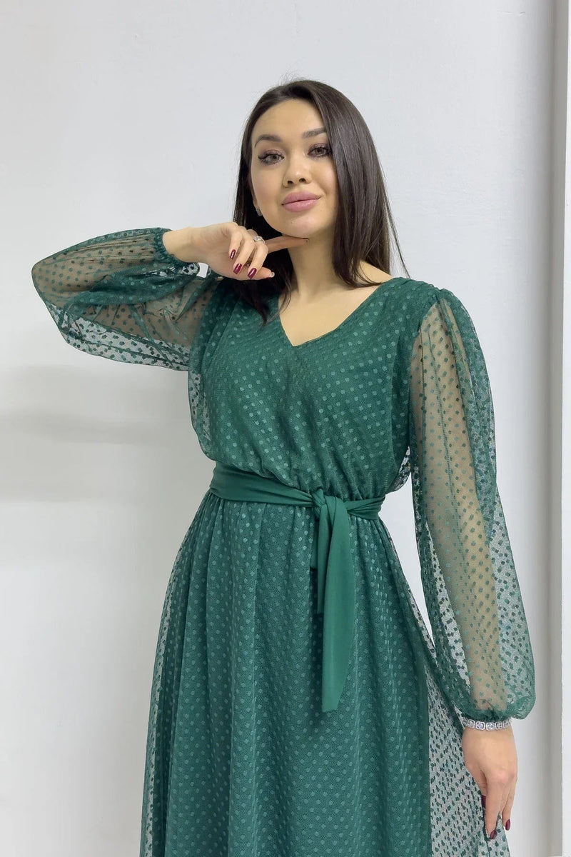Women's Emerald Green Puantiyeli Belted V-Neck Flared Dress