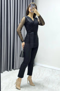 Black Dot Sleeve Belted Jumpsuit