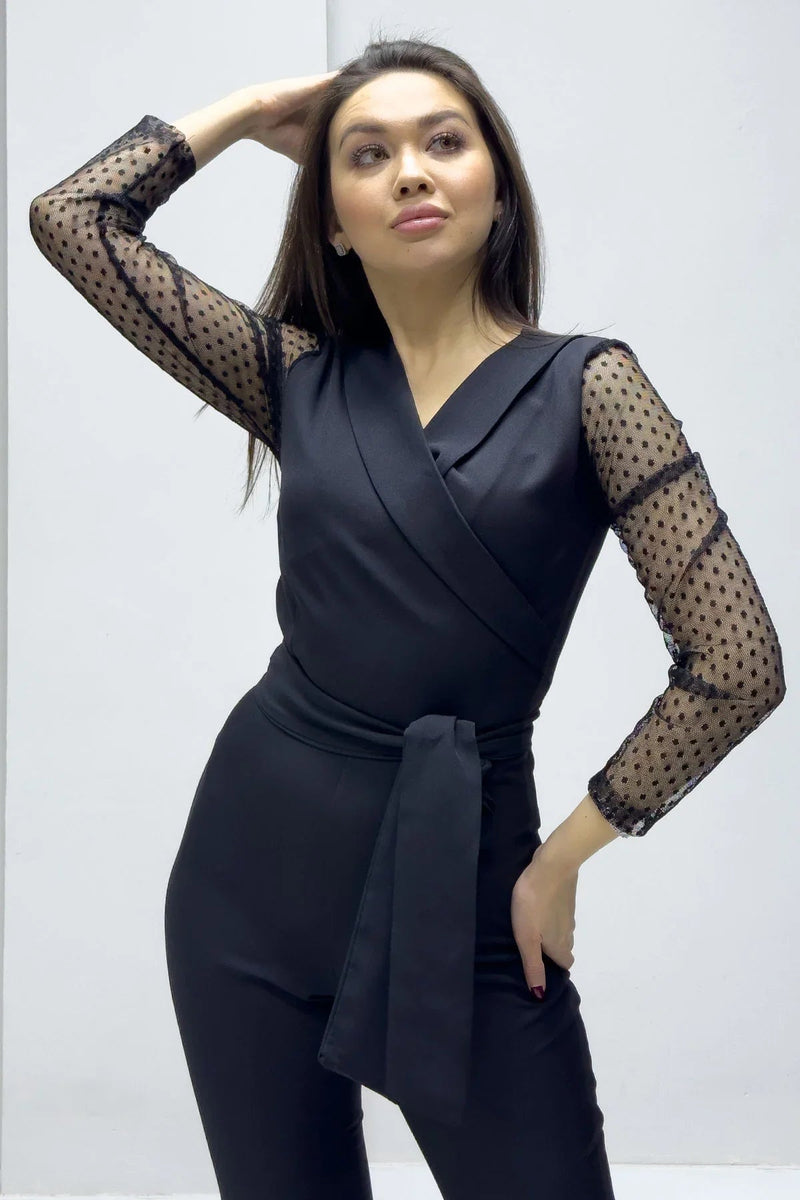 Women's Black Puantiye Sleeve Belted Jumpsuit