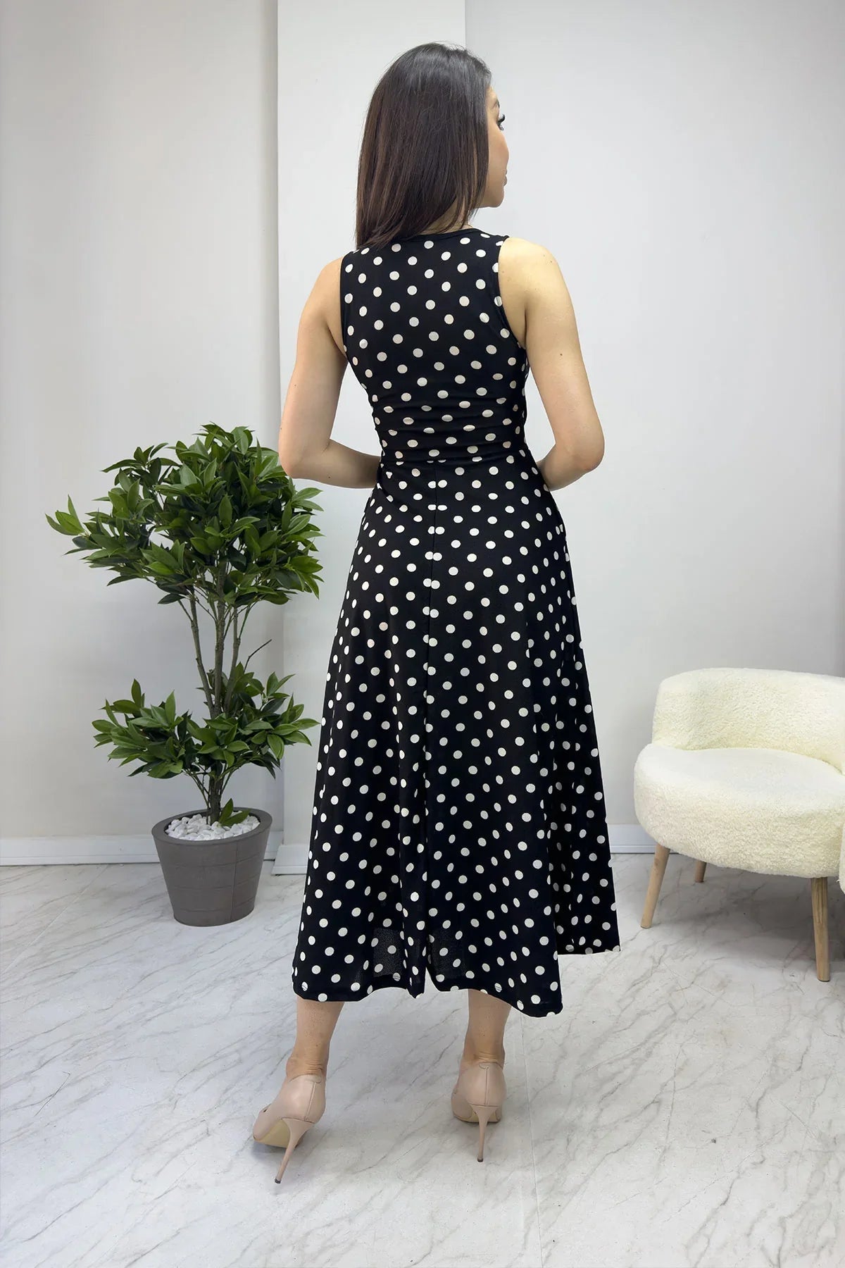 Women's Black Puantiyeli Sleevesuz Dress