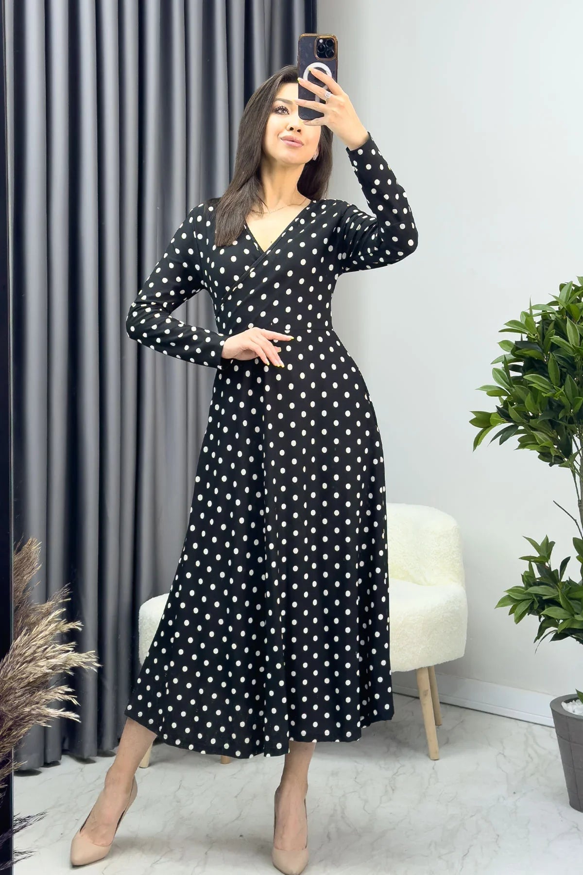 Women's Black Puantiyeli Long Sleevelu Dress