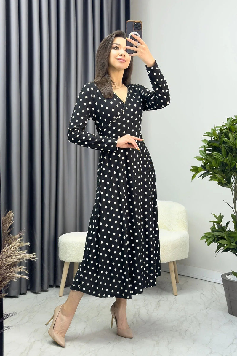 Women's Black Puantiyeli Long Sleevelu Dress