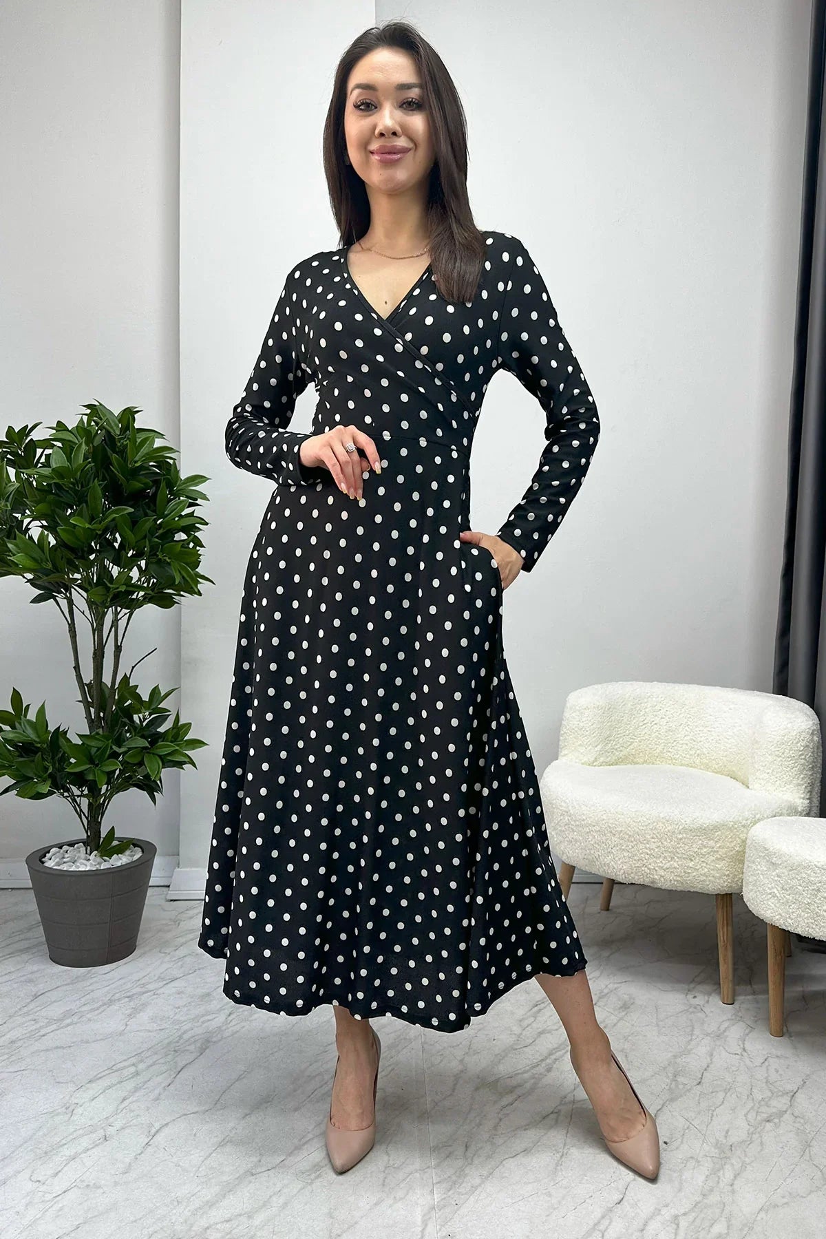 Women's Black Puantiyeli Long Sleevelu Dress