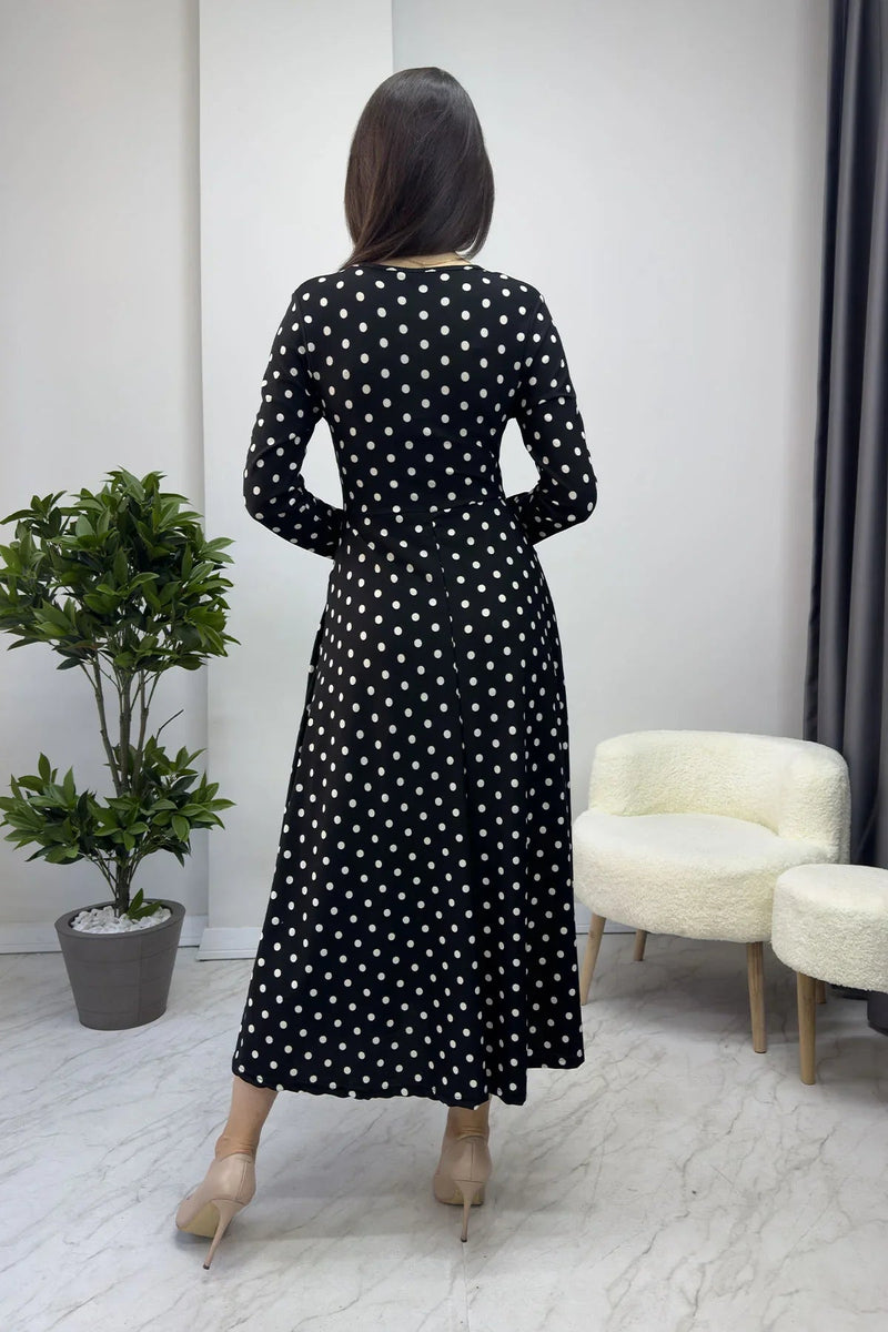 Women's Black Puantiyeli Long Sleevelu Dress