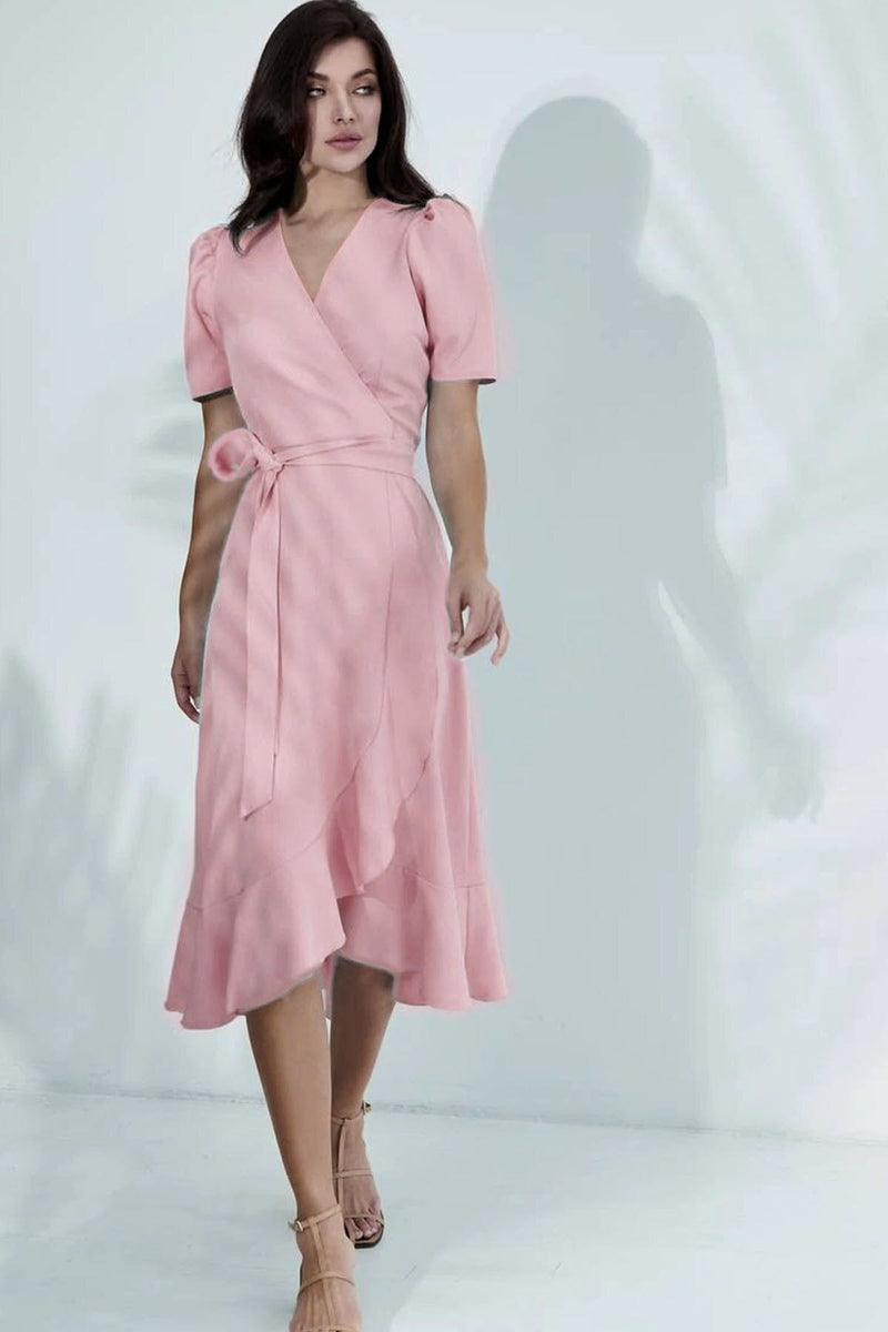 Women's Powder Pink Short Karpuz Sleeve Wrap Belted Plus Size Dress