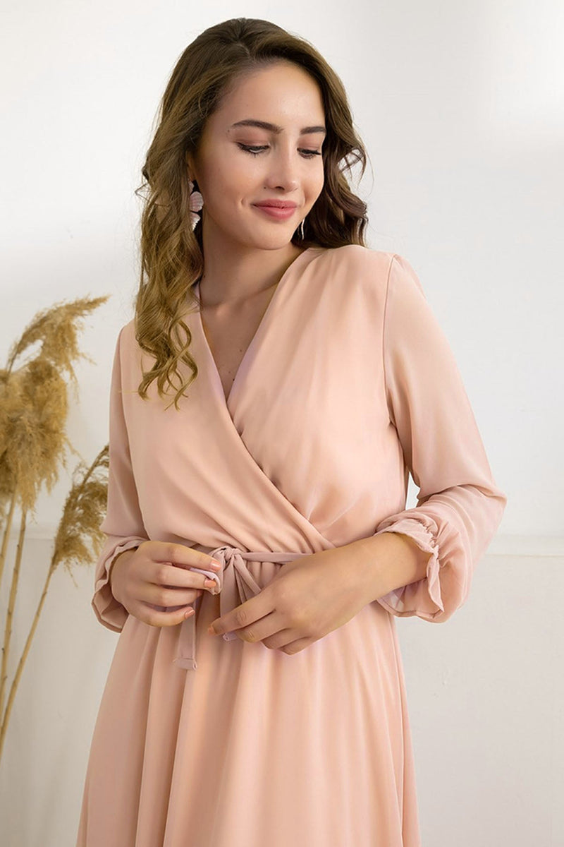 Women's Powder Pink Wrap Neck Chiffon Plus Size Dress