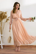 Powder Pink Cross-Over Neck Midi Length Chiffon Dress