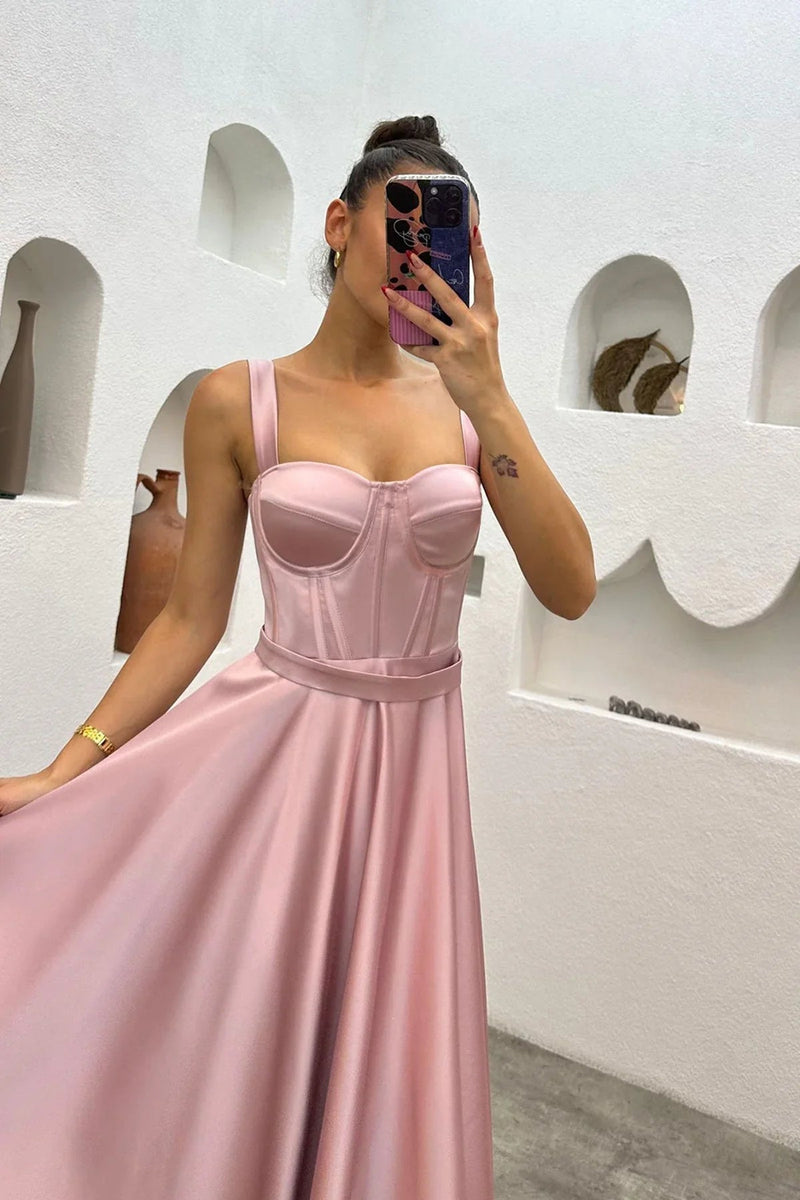 Women's Powder Pink Midi Arkadan Tie Gloplu Evening Gown,Balo,Mezuniyet Dresssi