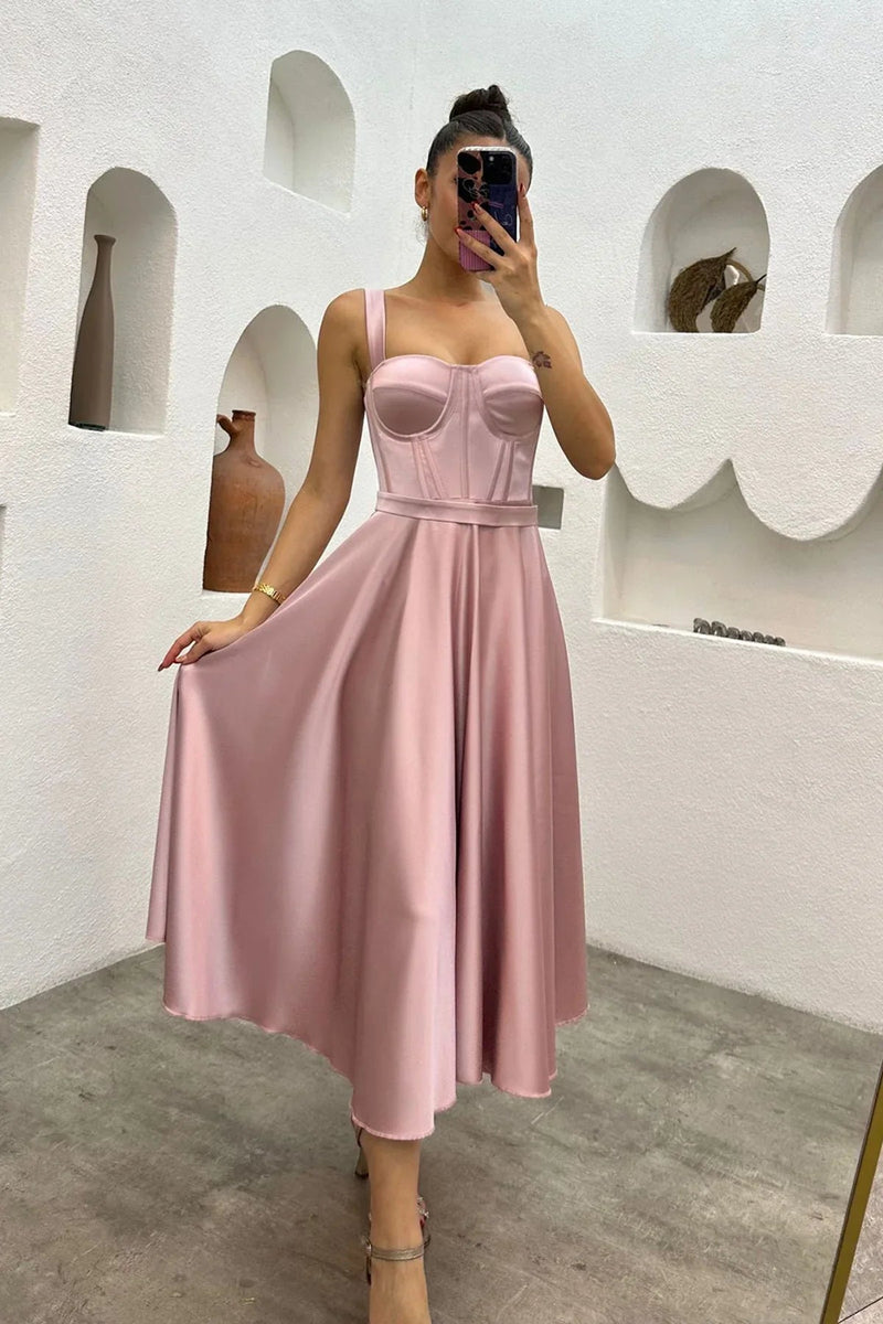 Women's Powder Pink Midi Arkadan Tie Gloplu Evening Gown,Balo,Mezuniyet Dresssi