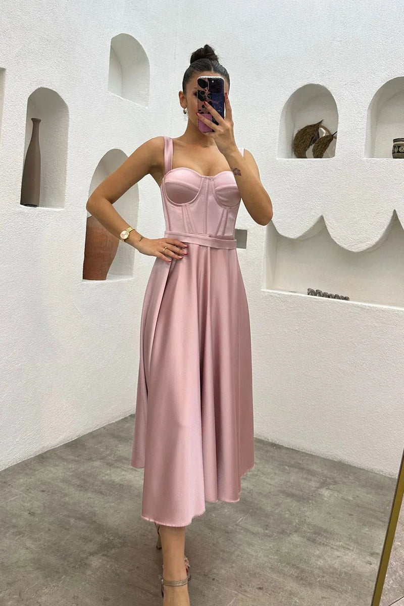 Women's Powder Pink Midi Arkadan Tie Gloplu Evening Gown,Balo,Mezuniyet Dresssi