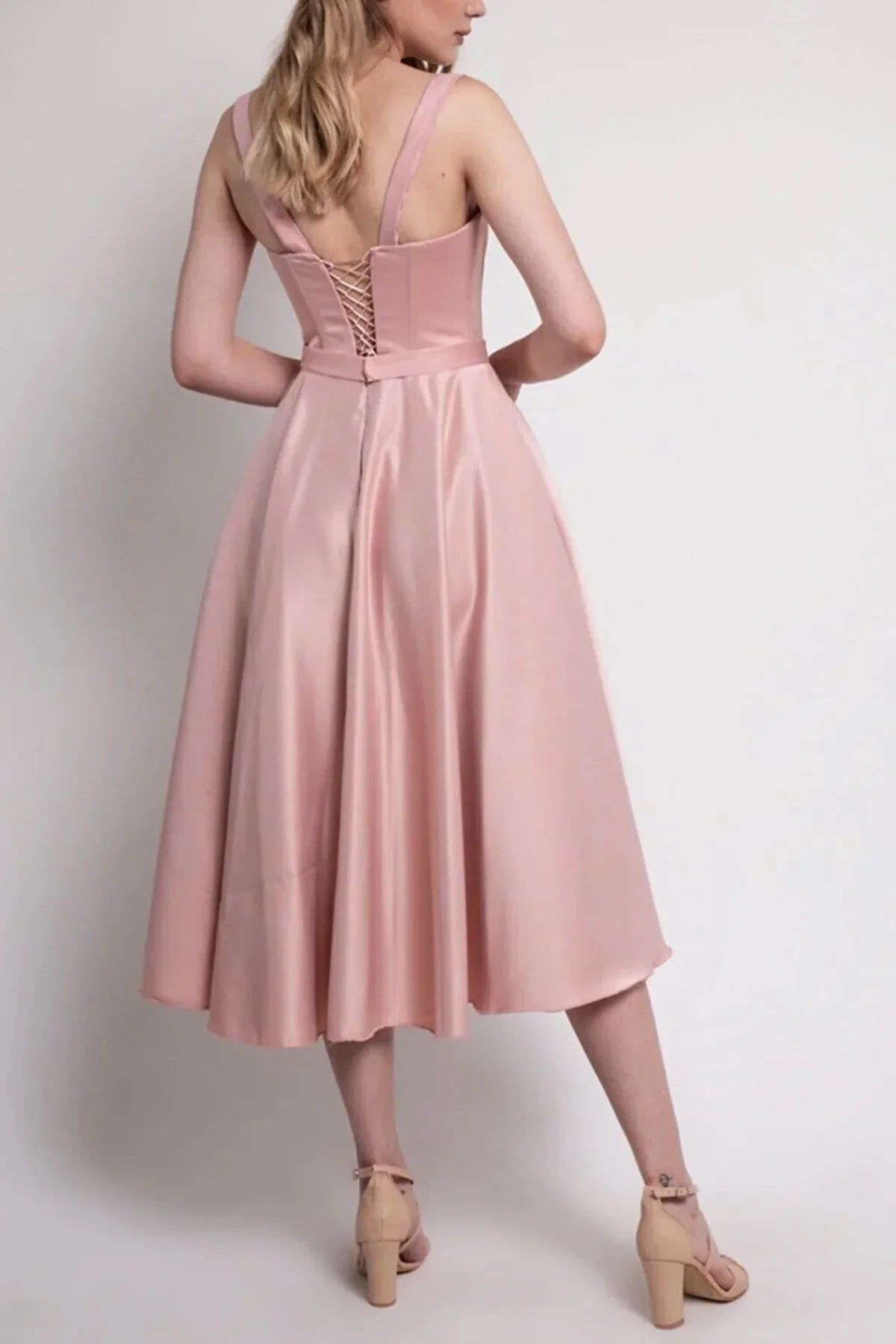 Women's Powder Pink Midi Arkadan Tie Gloplu Evening Gown,Balo,Mezuniyet Dresssi