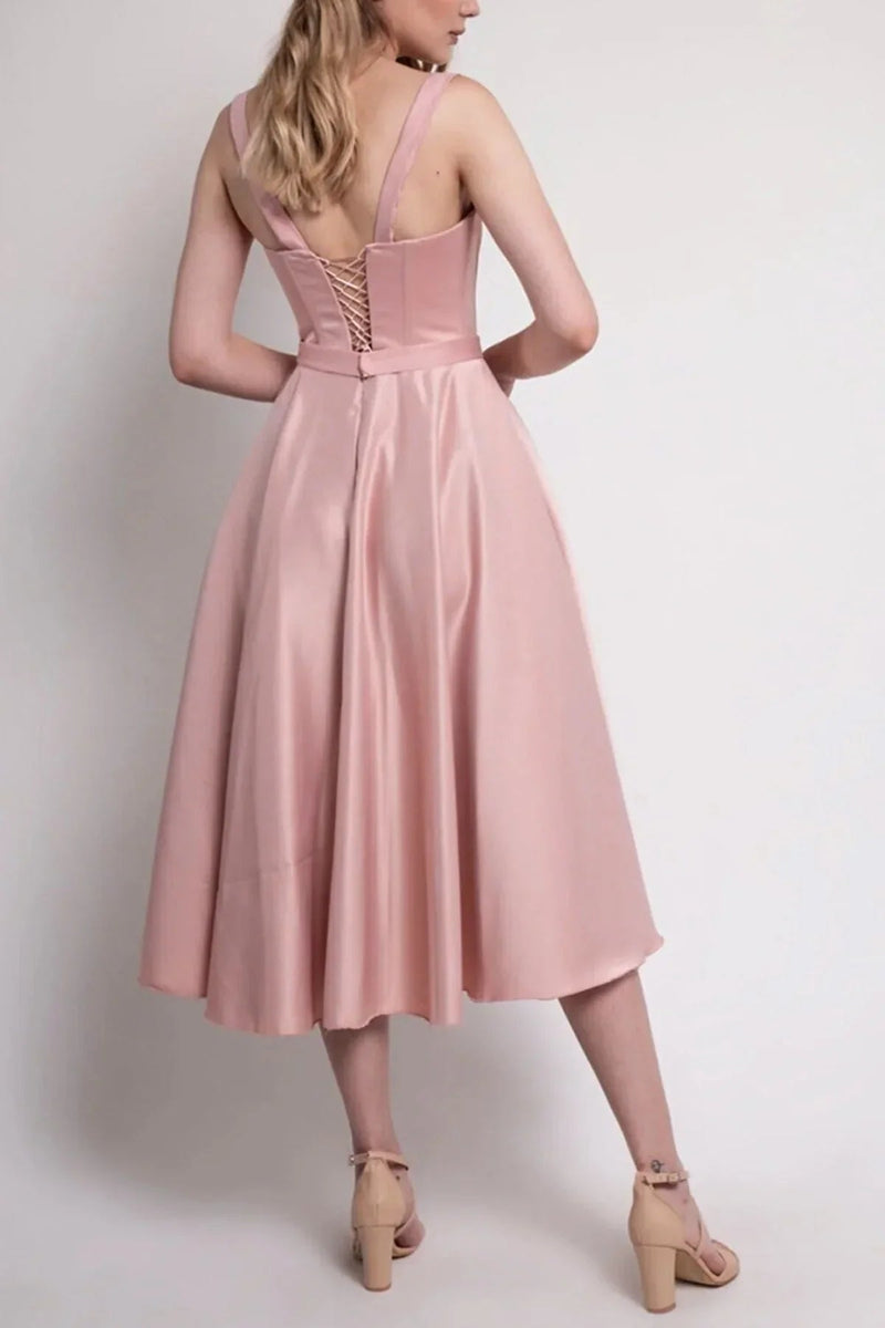 Women's Powder Pink Midi Arkadan Tie Gloplu Evening Gown,Balo,Mezuniyet Dresssi