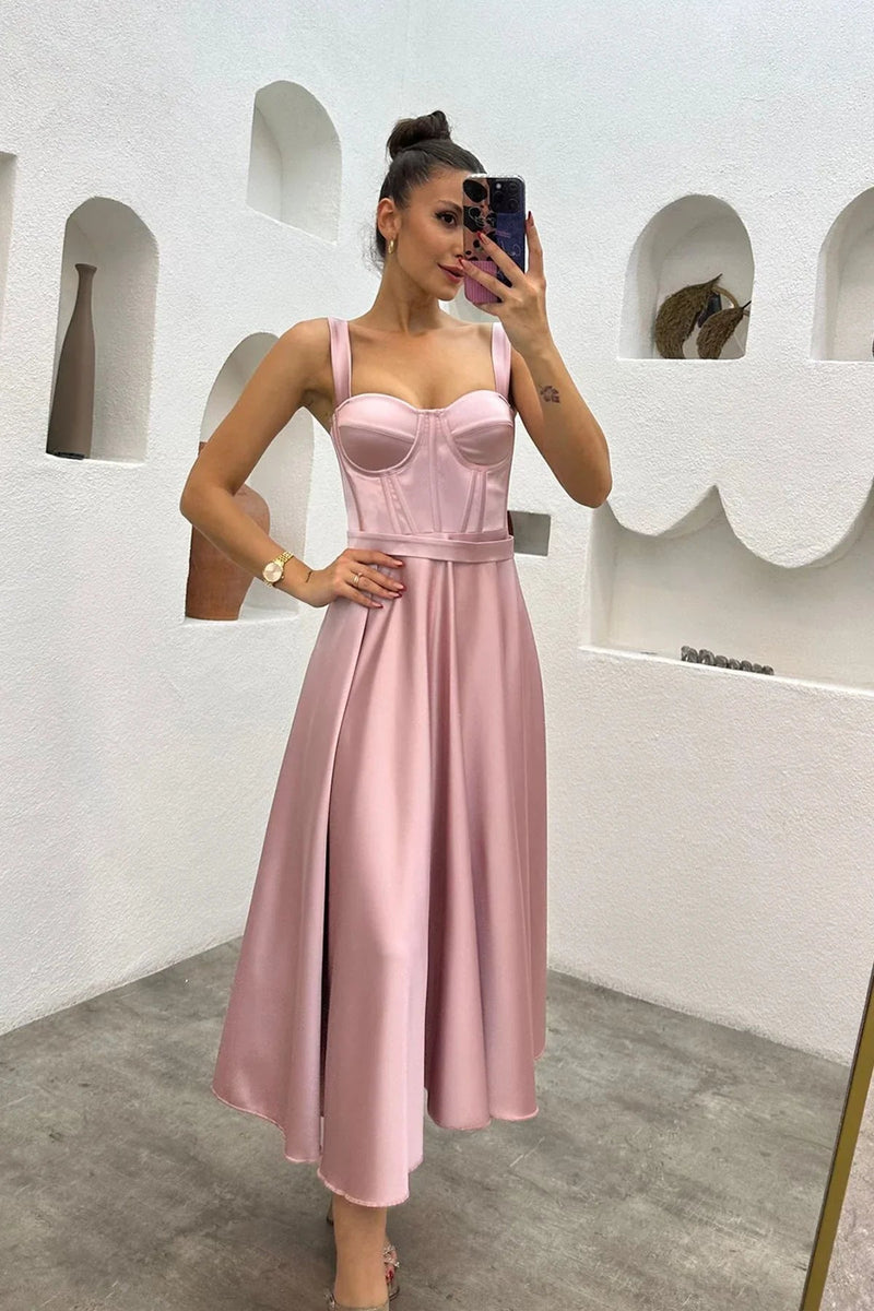 Women's Powder Pink Midi Arkadan Tie Gloplu Evening Gown,Balo,Mezuniyet Dresssi
