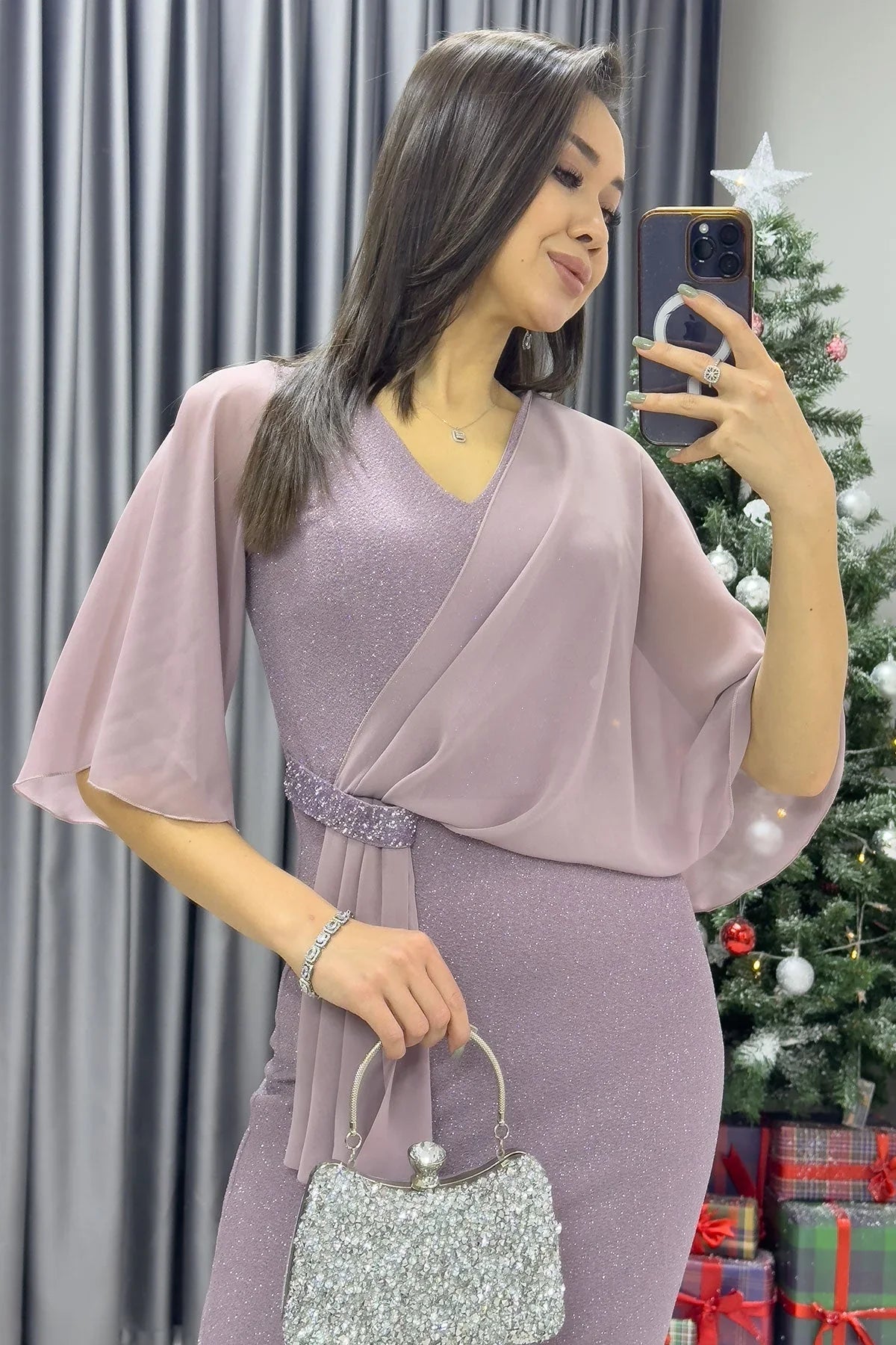 Women's Powder Pink Crystal Embellished Volan Sleeve Glitter Evening Gown - the ZKS