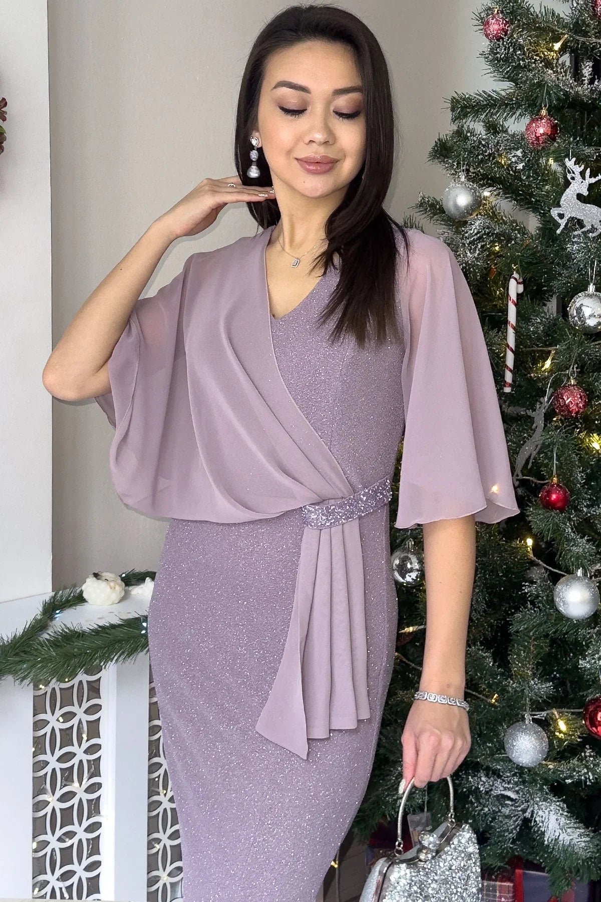 Women's Powder Pink Crystal Embellished Volan Sleeve Glitter Evening Gown - the ZKS