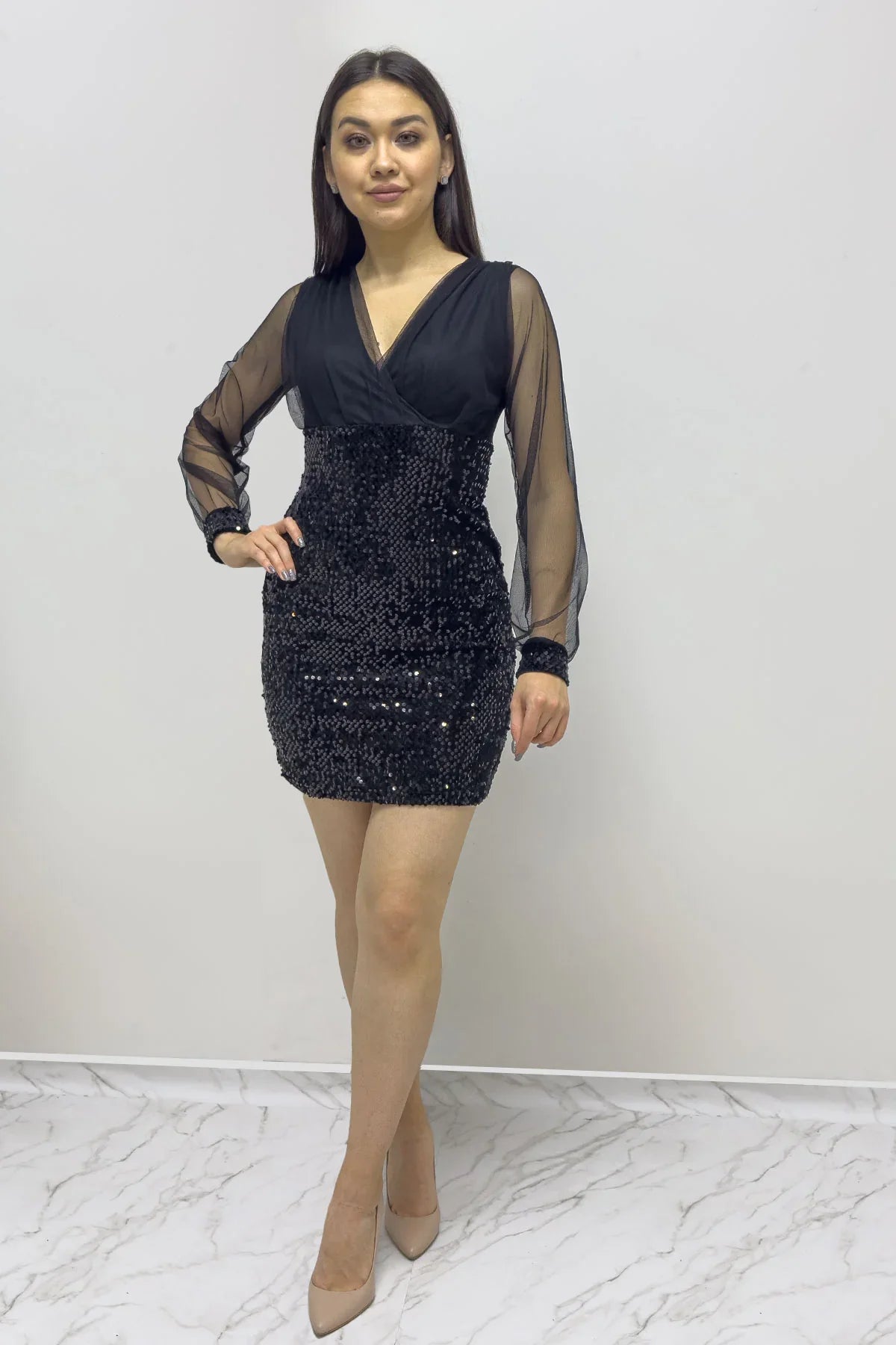 Women's Black Wrap Neck Sequin Mini Evening Gown