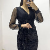 Black Short Sequin Evening Dress