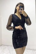 Black Short Sequin Evening Dress