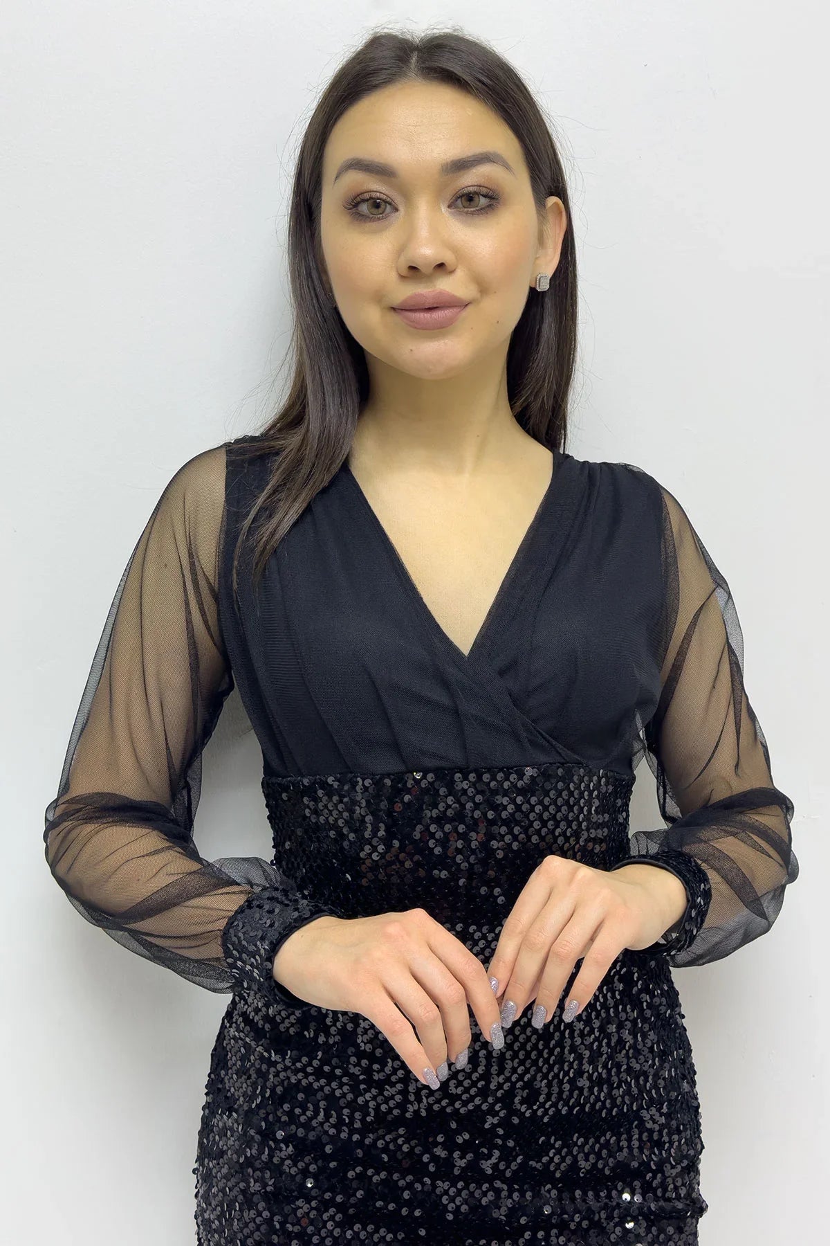 Women's Black Wrap Neck Sequin Mini Evening Gown