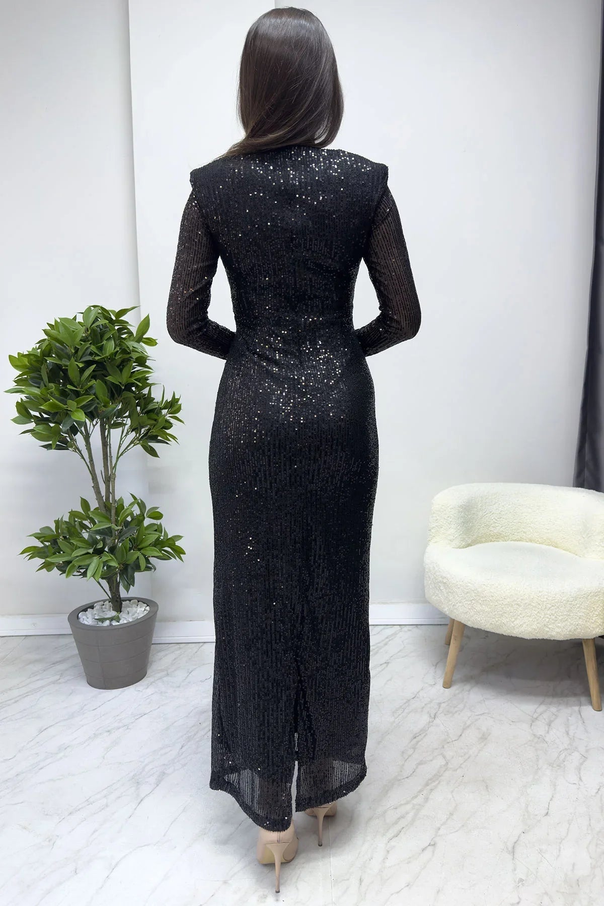 Women's Black Karpuz Sleeve Long Sequin Evening Gown