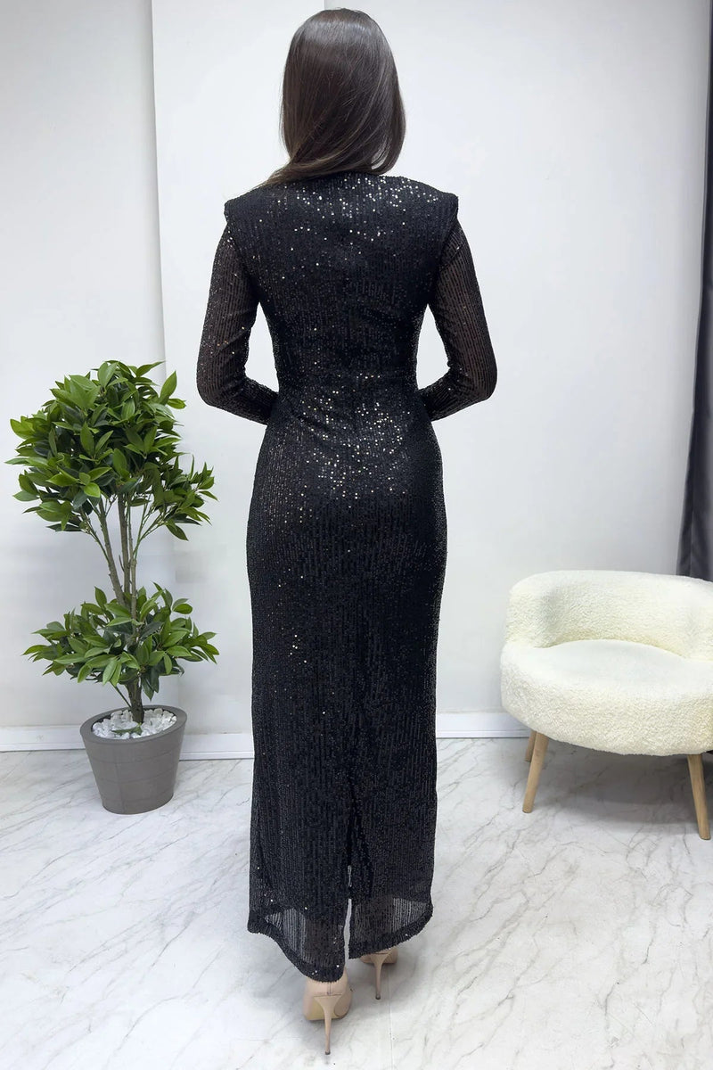 Women's Black Karpuz Sleeve Long Sequin Evening Gown