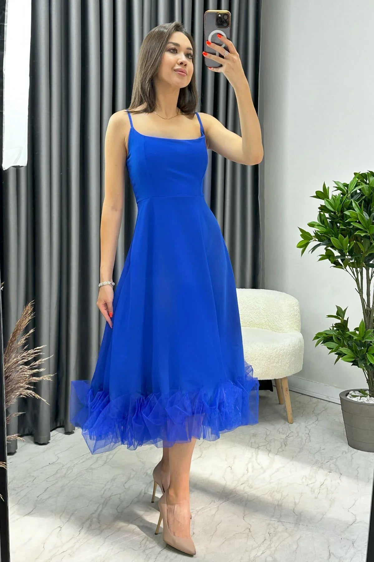 Women's Saxe Bluesi Strap Flared Skirt Ucu Tulle Detail Midi Evening Gown