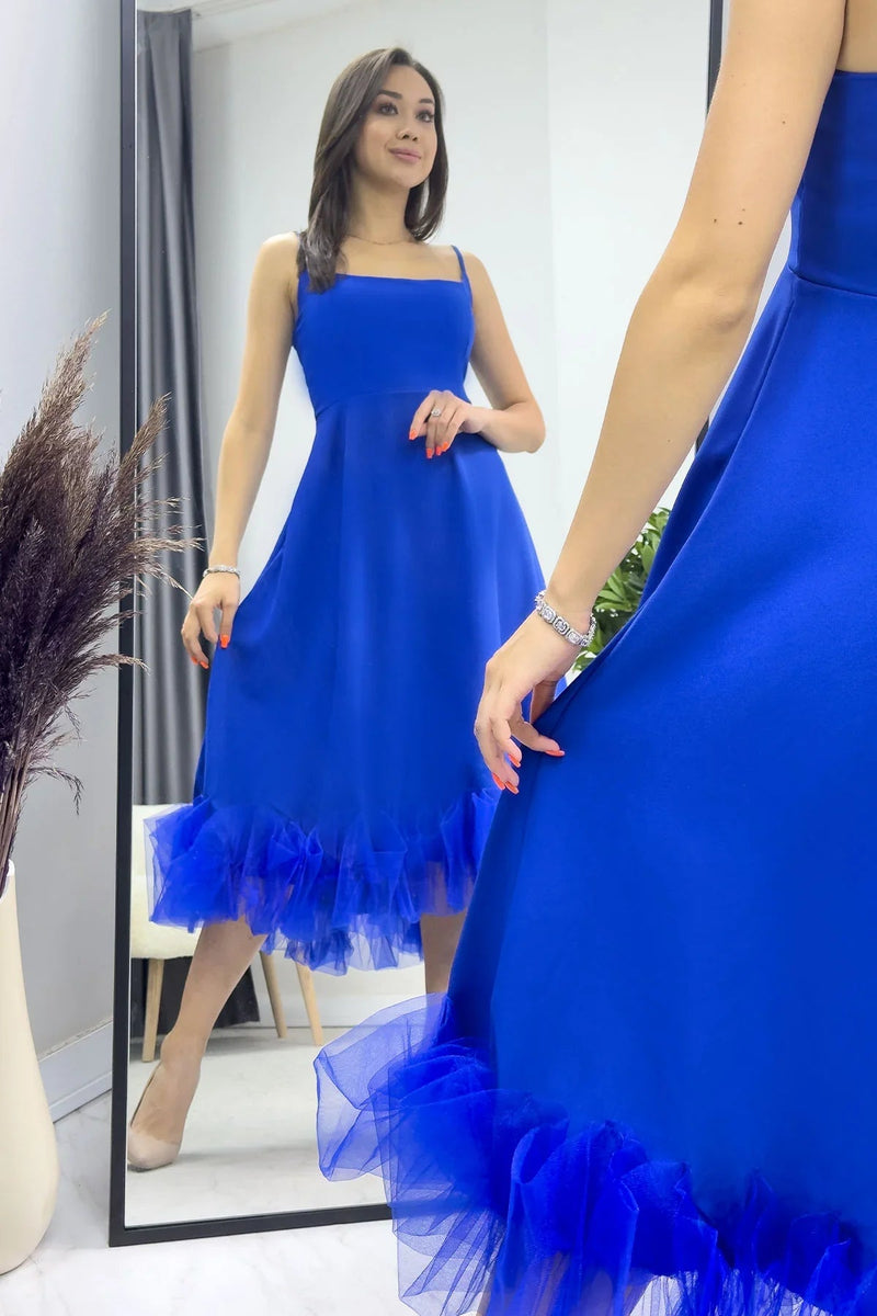 Women's Saxe Bluesi Strap Flared Skirt Ucu Tulle Detail Midi Evening Gown