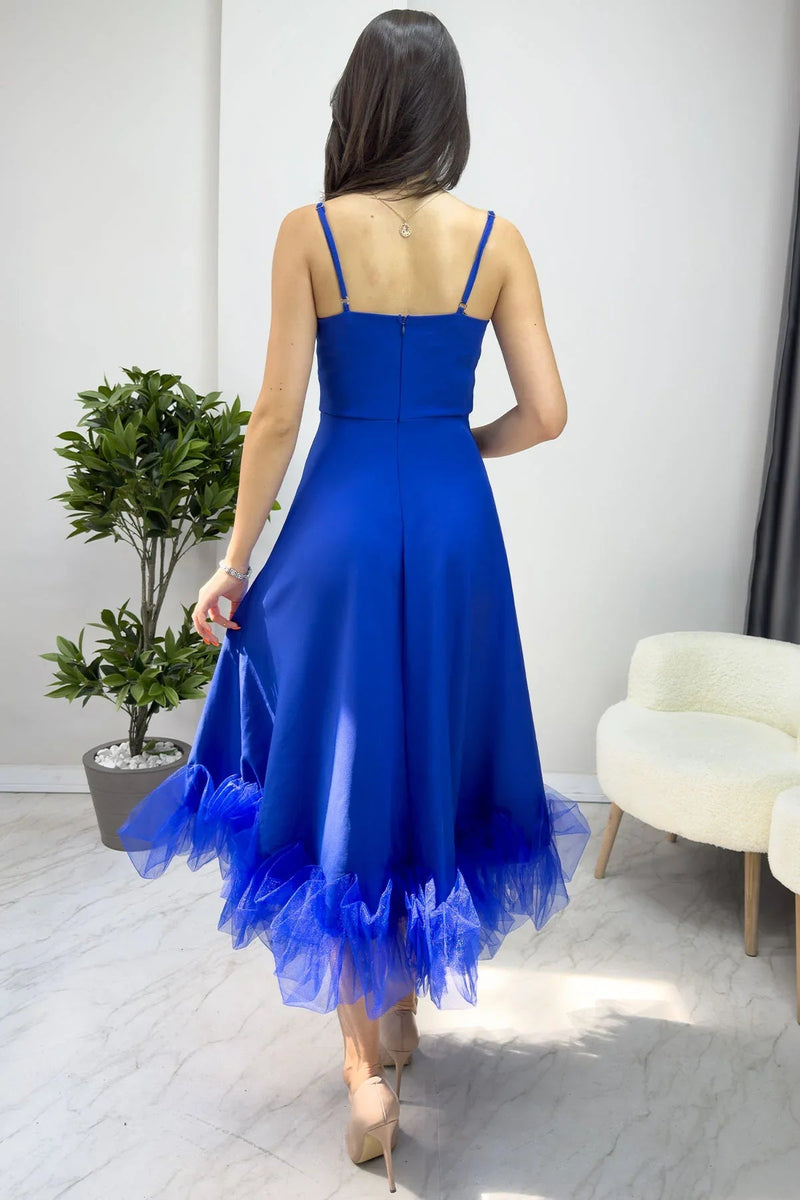 Women's Saxe Bluesi Strap Flared Skirt Ucu Tulle Detail Midi Evening Gown